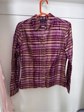 Ann Taylor 100% silk Purple Plaid lightweight blouse
